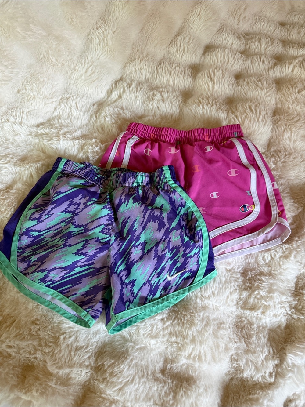 Champion Pink Logo Athletic Shorts + Purple Teal Patterned Nike shorts and